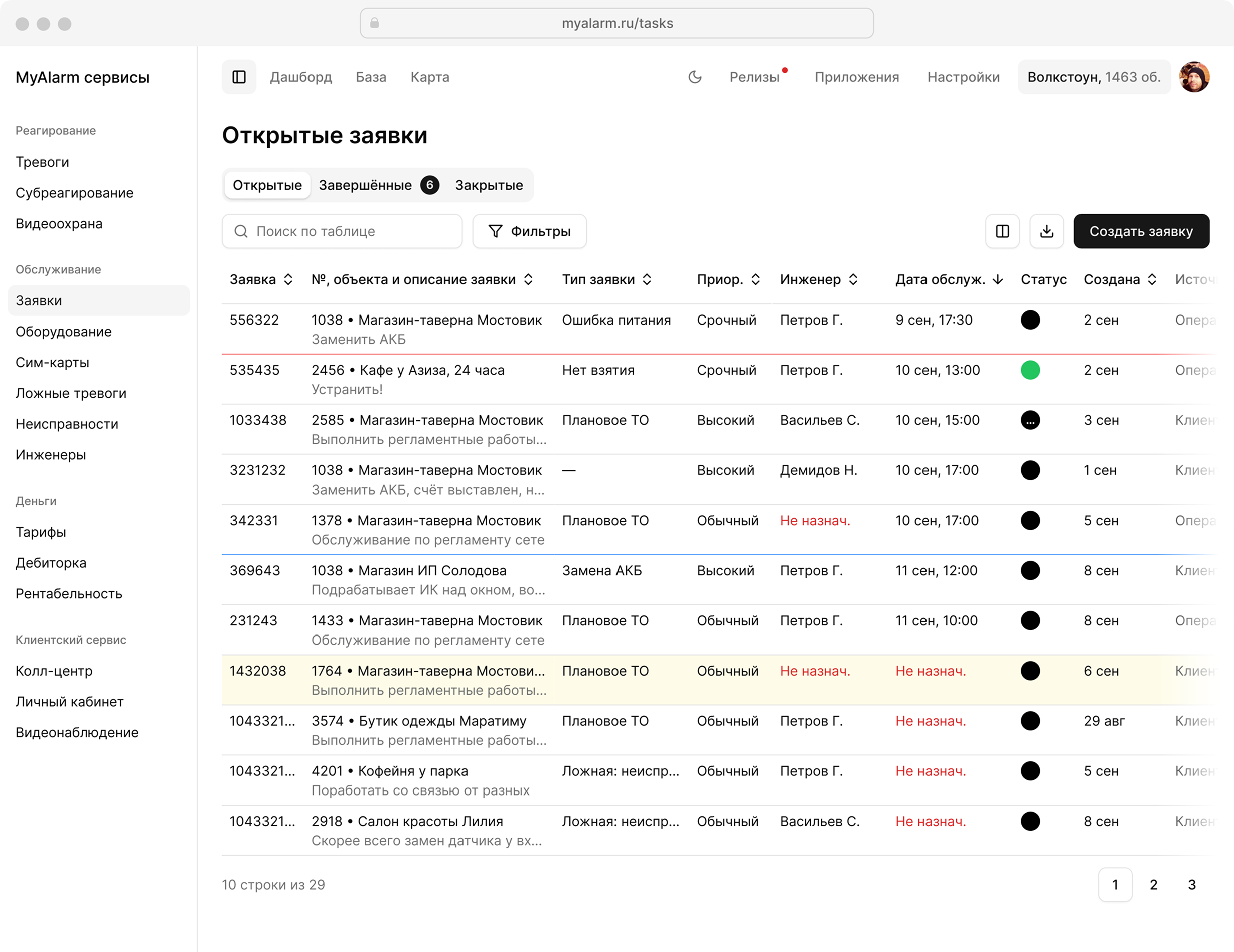 Список открытых заявок в MyAlarm: поиск, фильтры, статус и\u00A0срок обслуживания